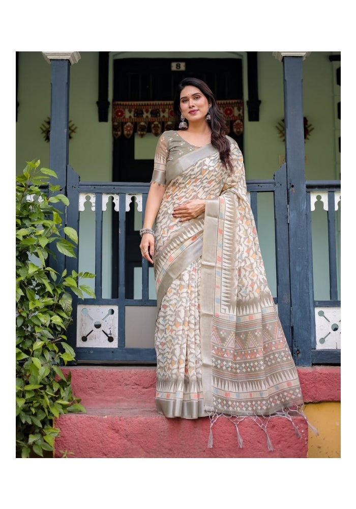 Malishka Export Grey Linen Cotton Digital Print Saree for Women - Image 1